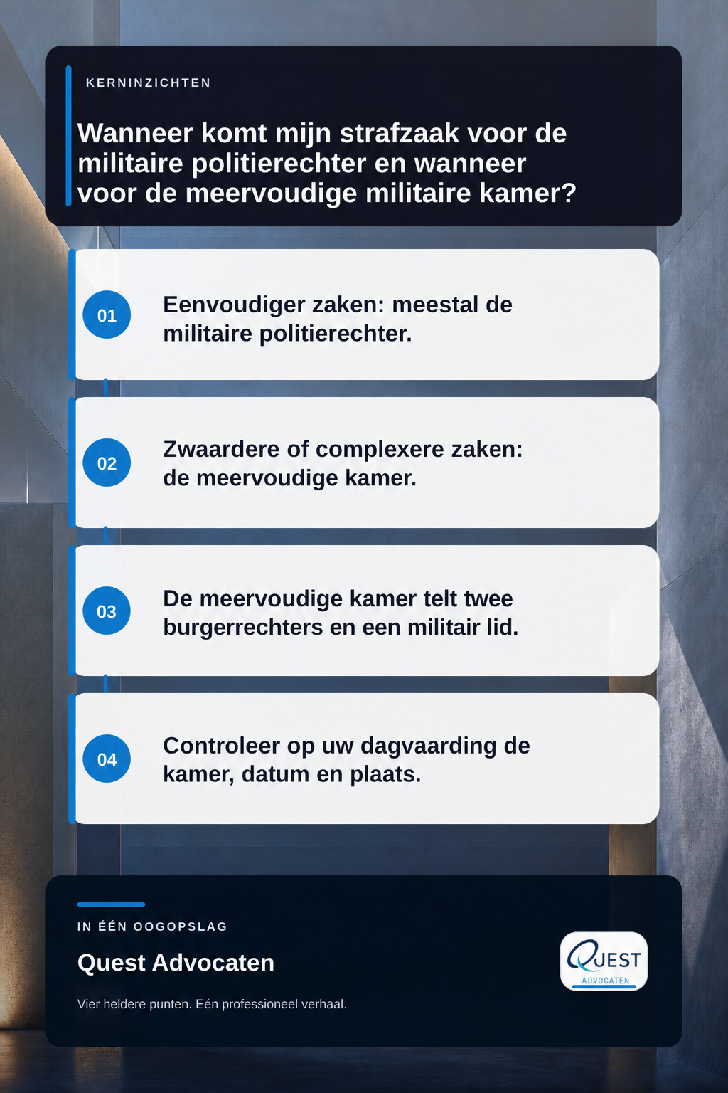 Wanneer komt mijn strafzaak voor de militaire politierechter en wanneer voor de meervoudige militaire kamer? infographic